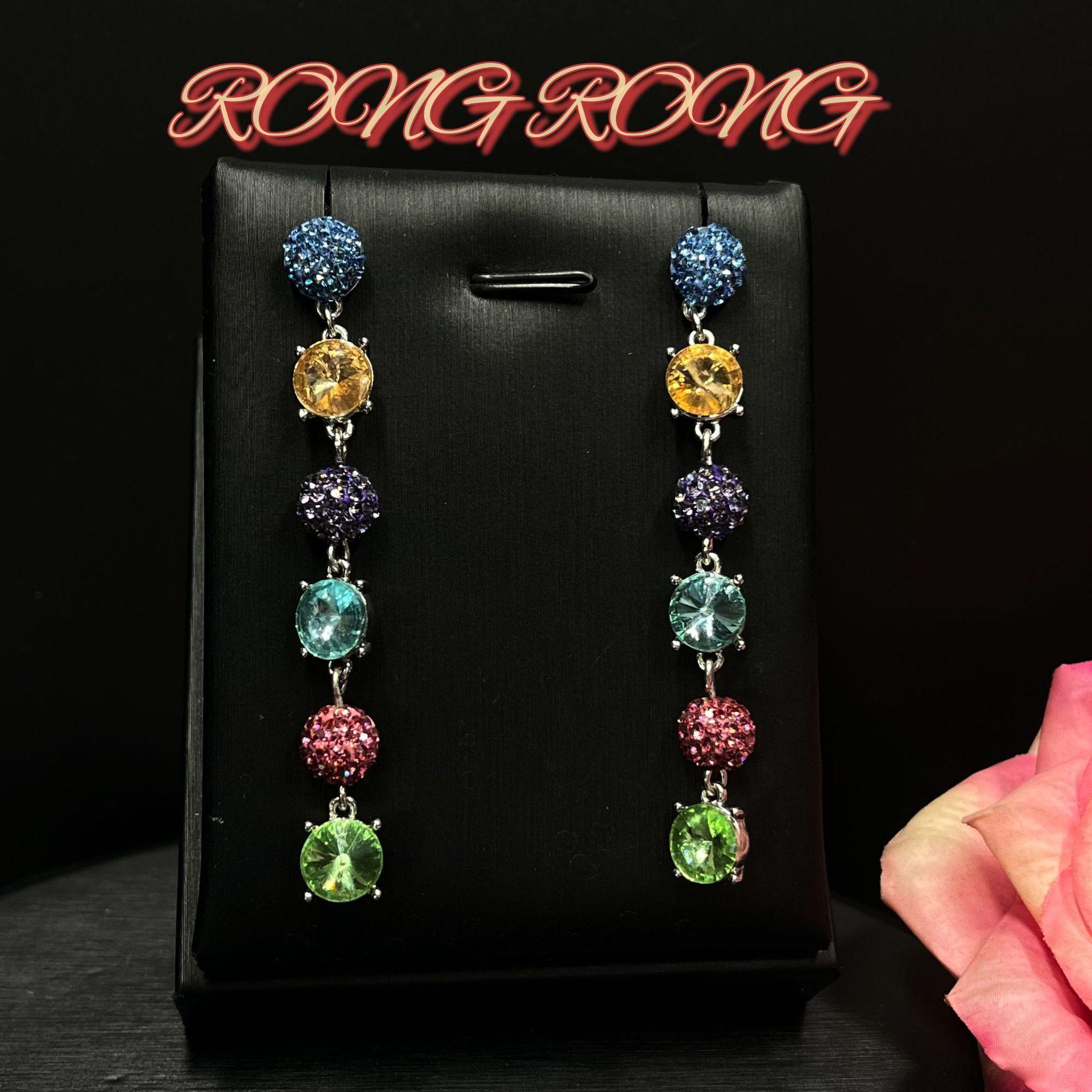 French Dopamine Colored Gemstone Crystal Ball Earrings Fashion Personality Vintage