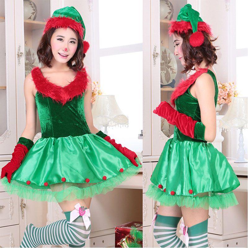 Premium Quality Women's Fashion Sexy Green Christmas Cosplay Elf Costume Dress Set