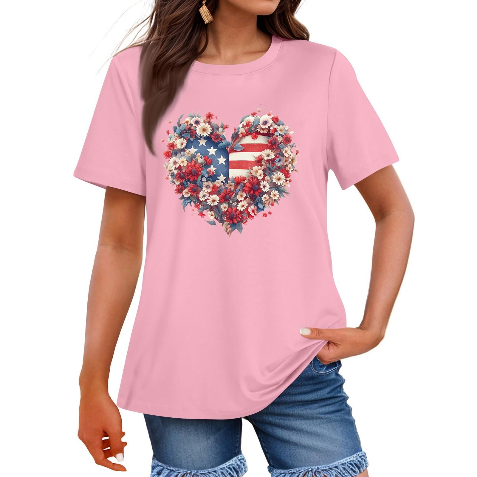 

Женская мода День независимости принт круглый вырез короткий рукав повседневная футболка топ M розовый