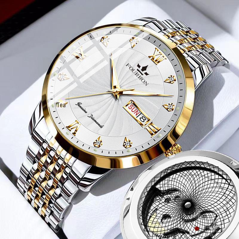Men's Diamond Quartz Watch with Luminous Double Calendar