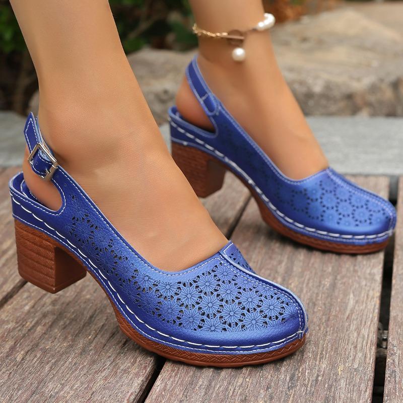 Fashion Plus Size Round Toe Shallow Mouth Cutout One Strap High Heels Summer New Baotou Waterproof Taiwanese Square Heel Sandals