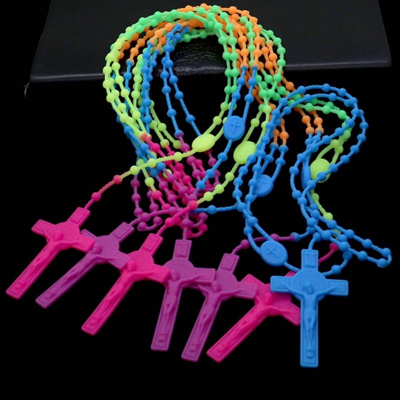 Fashion Rosary Beads Cross Pendant Necklace Women Link Chain Plastic Material Necklace Girl Religious Jewelry Party Gift
