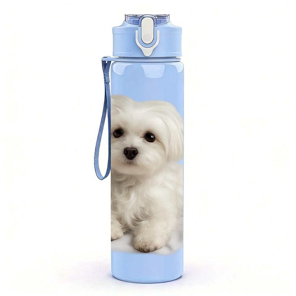 1PC Gentle White Bichon Puppy 750ml Color Plastic Sports Water Bottle Leakproof Flip Straw Lid Suitable for Sports Office Home Use