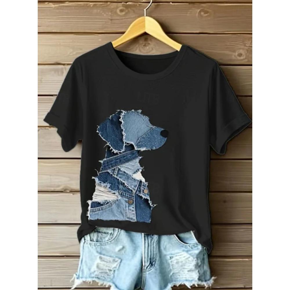 T-shirt Estiva da Donna con Stampa Cane Manica Corta Magliette Casual Top Stampati