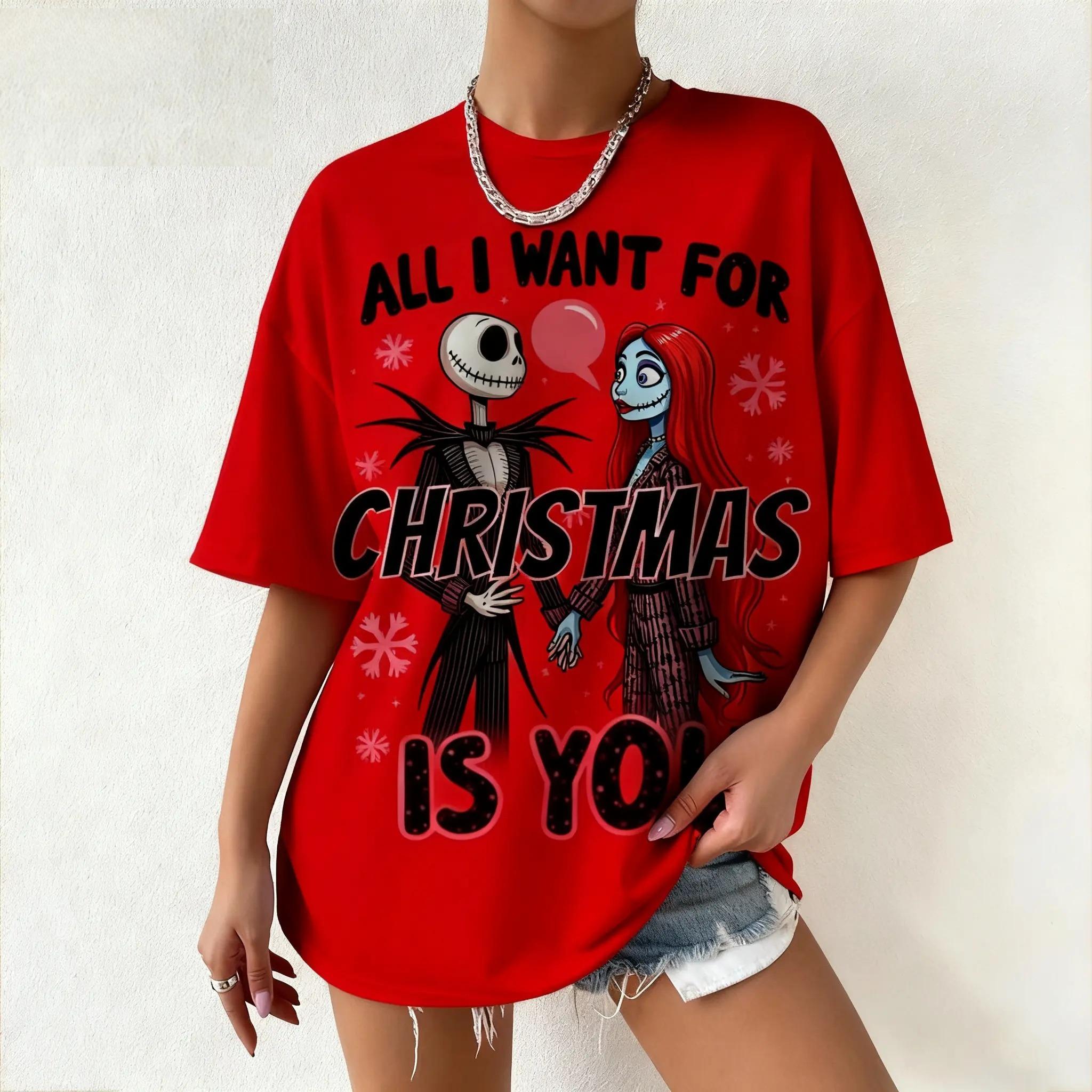 Trendy Casual Summer Unisexs TShirt Printed with Christmas Night Cry Jack and Sally Pattern Trendy Street Style Casual S