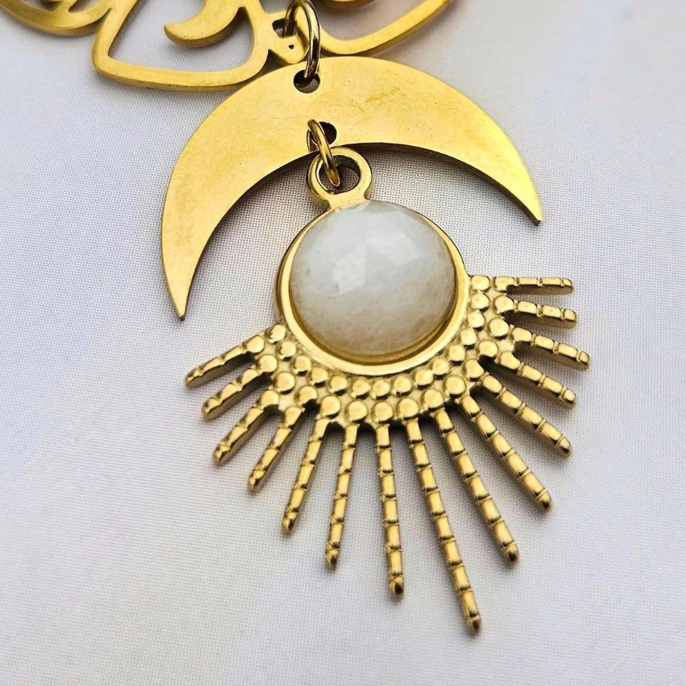 Bohemia Charm Gold Color Hollowed-out Moth Crescent Moon Sun Moonstone Pendant Dangle Earrings for Women Stainless Steel Jewelry