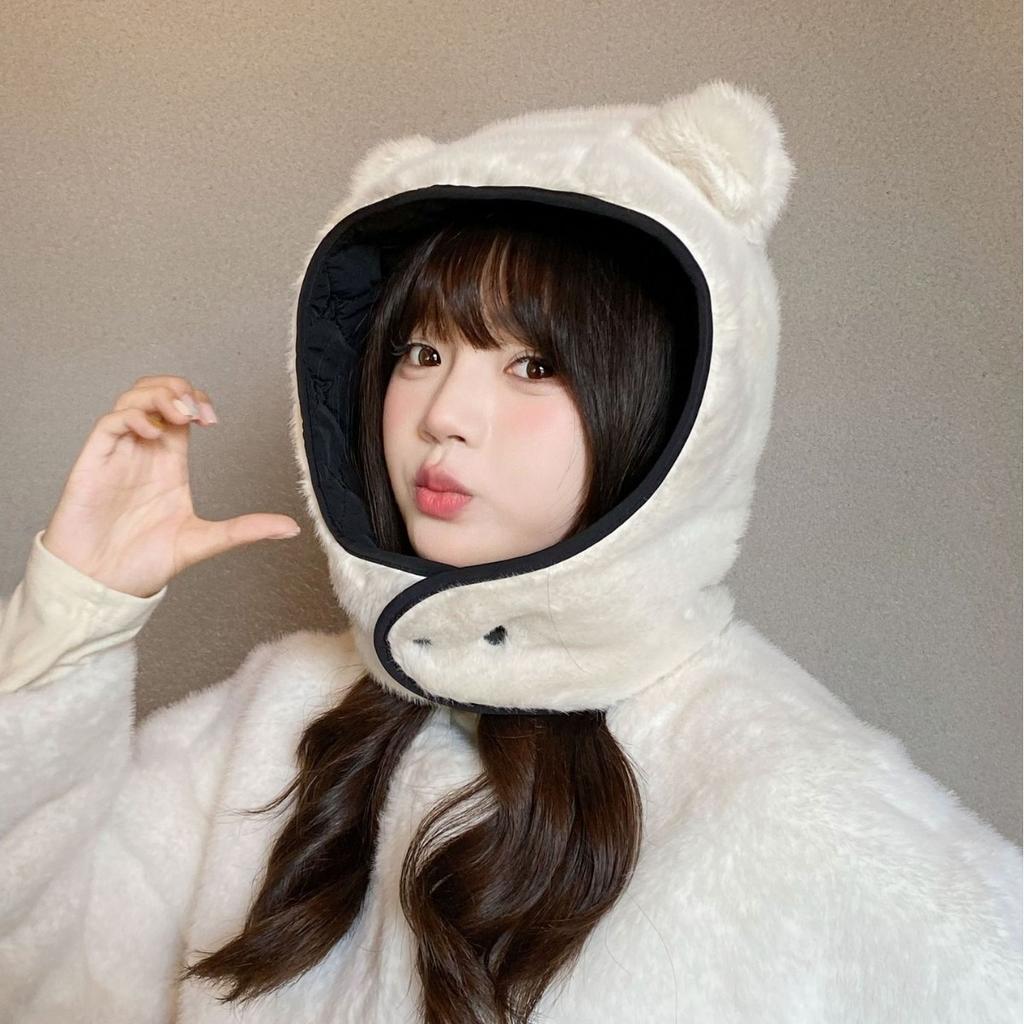 Cute Little Bear with Double sided Women's Plush New Korean Version Knitted Versatile Warm Ear Protection Thickened Fashionable Hat