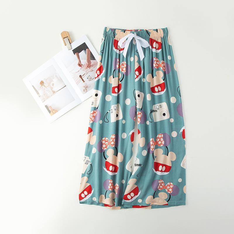 Damen Übergröße Baumwolle Viskose Pyjamahose, Cartoon-Blumendruck, Lockere Neun-Punkt-Strandhose, Outdoor-Bekleidung