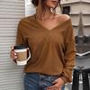 European & American Autumn 2025 Retro V-neck Waffle Long-sleeve Women's Pullover Top