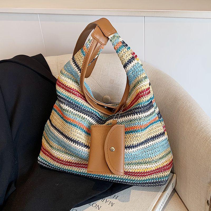 Large Capacity Rainbow Straw Woven Tote Bag - Stylish Shoulder Commuter Bag with Lazy Chic Versatility