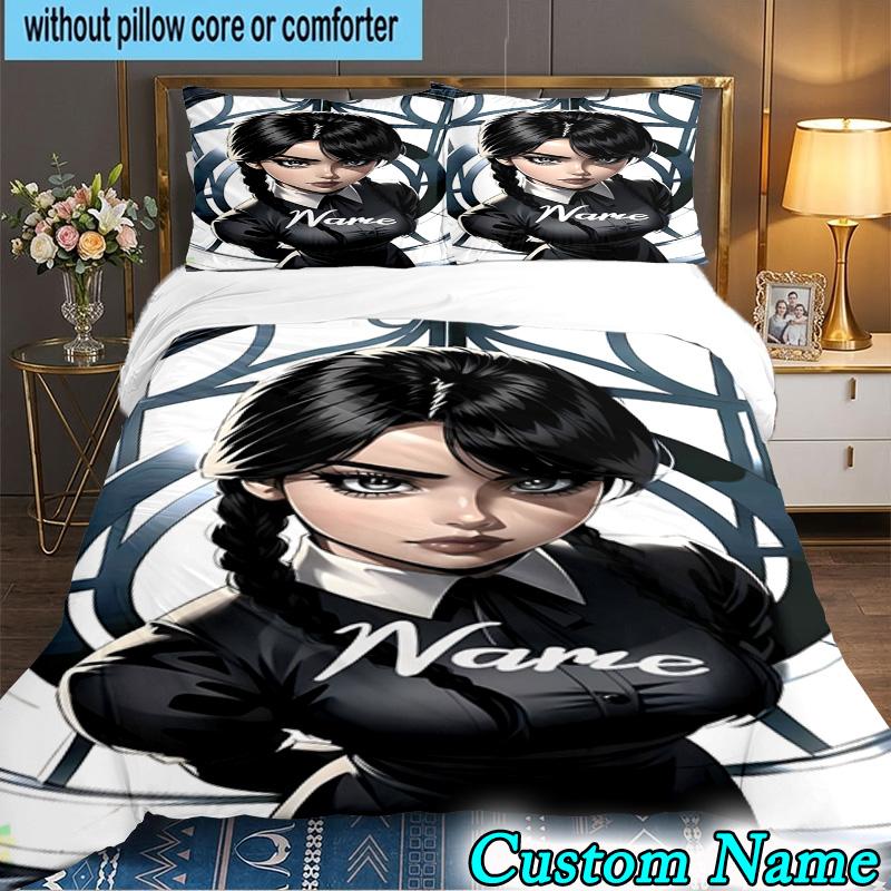 3PCS Custom Name Gothic Addams Bedding Set Printed Duvet Cover Closure Includes 1 Duvet Cover & 2 Pillowcases for All Seasons Bedroom Decor