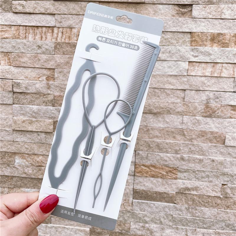 Korean Style Hair Styling Tool Set - 4-Piece Double Hook Pull Needle & Curly Hair Bands In Four Colors