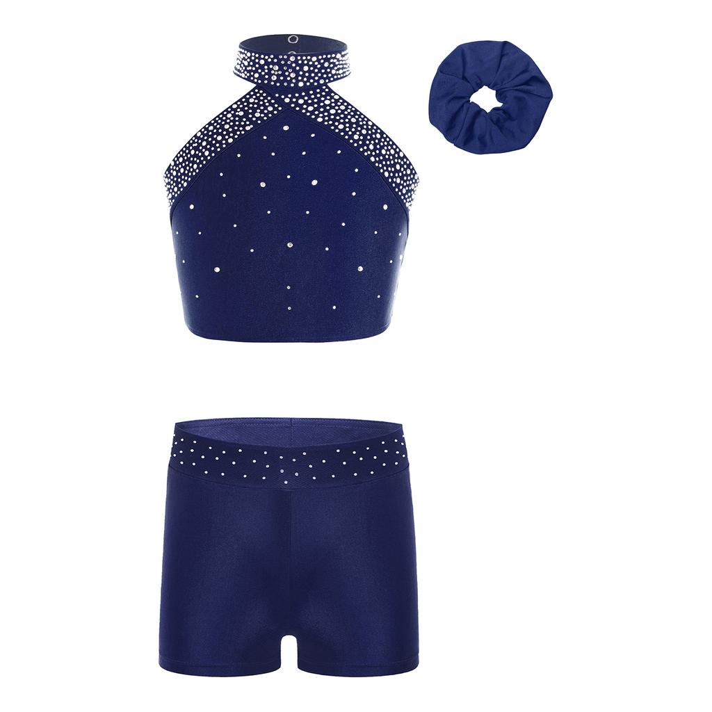 Mädchen Eiskunstlauf Kostüm Neckholder Ärmellos Rückenfrei Weste Strass Shorts Haarreif
