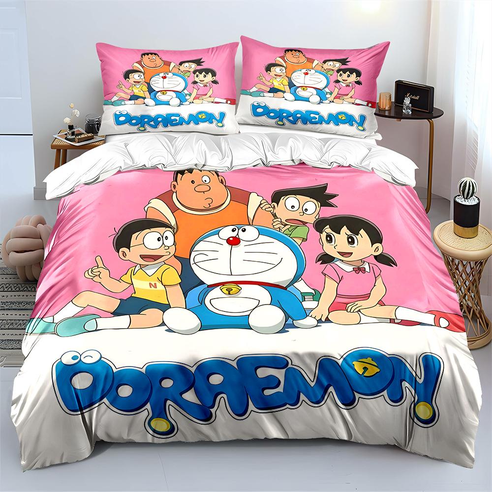 D-Doraemon mit Freunden Bedrucktes Bettwäscheset für Kinder Jungen Mädchen Neue 3D-Bedruckte Bettdecke Bettbezug Kissenbezug Schlafzimmer Dekor