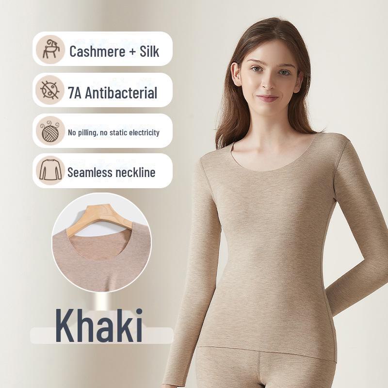 

Женский комплект термобелья из кашемира и шелка: Круглый вырез, бесшовный, утепленный, для осени/зимы L хаки