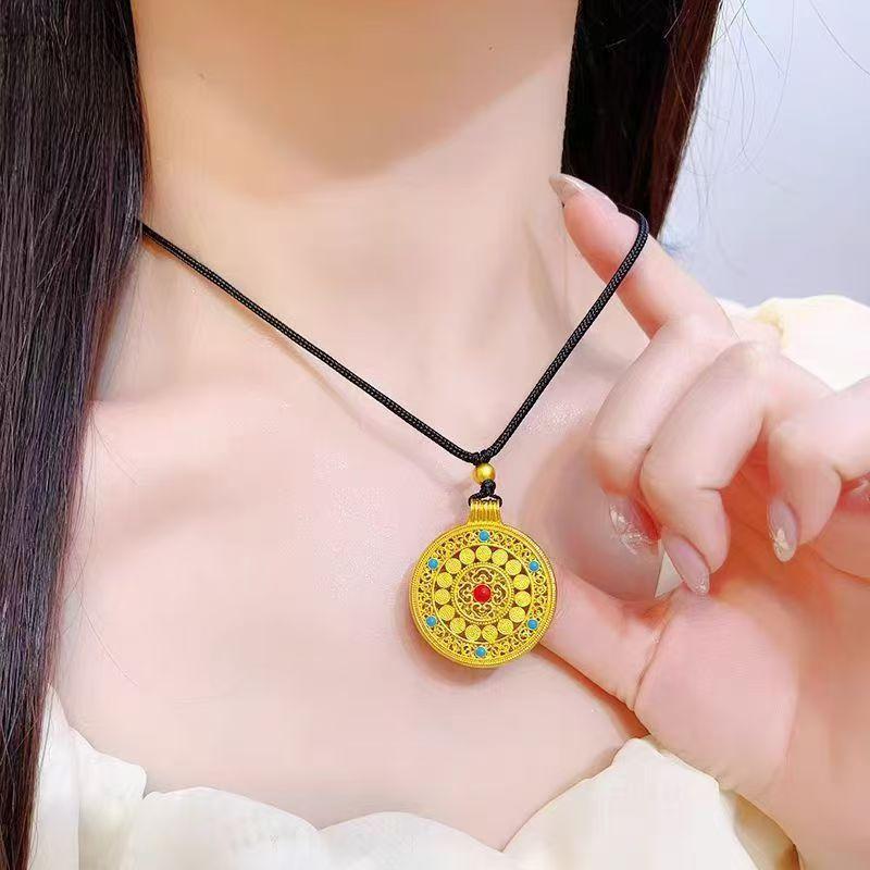 Antique gold craftsm hollow out colorful flower necklace enamel eight treasures compass pendant sweater chain banquet