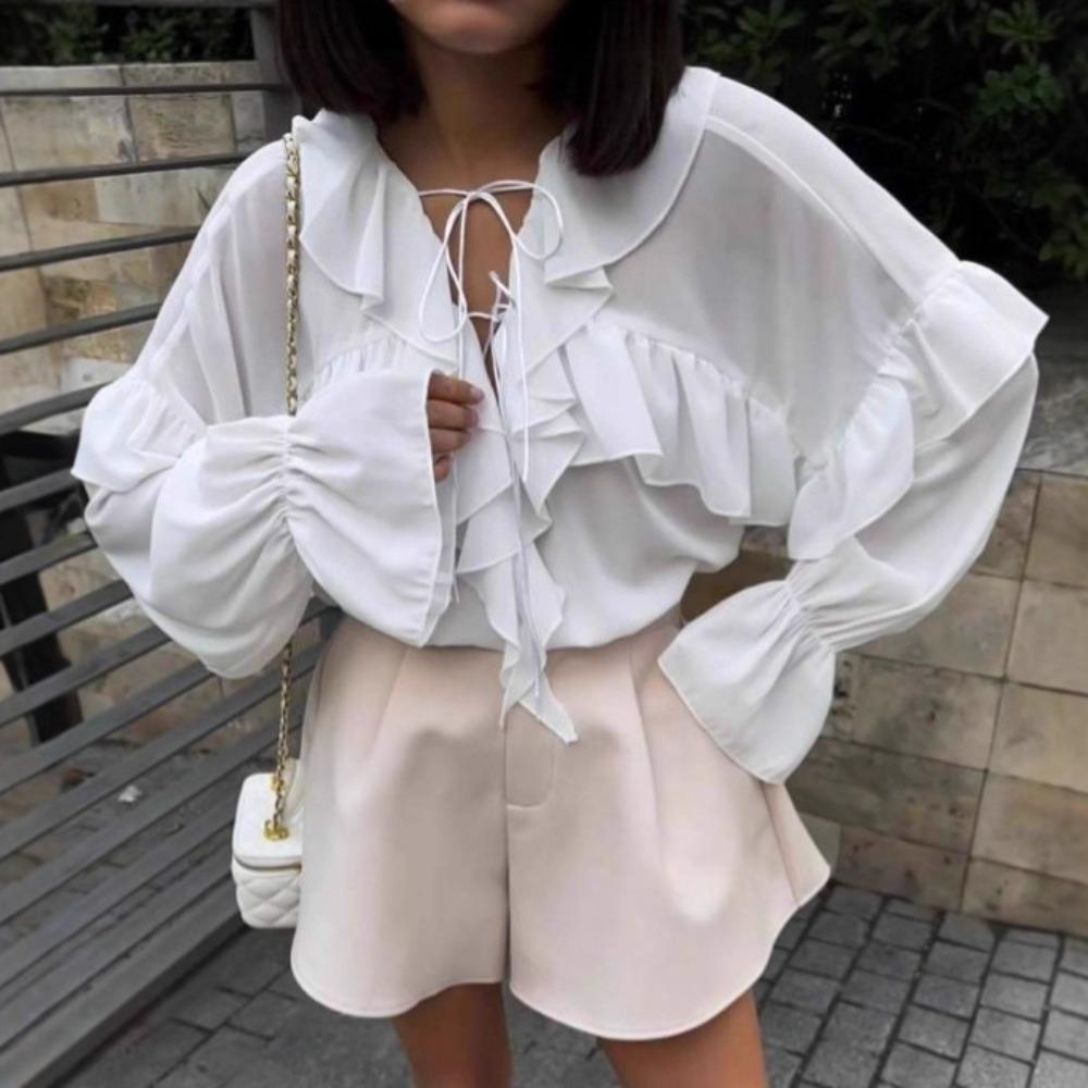 Spring and summer elegant ruffle edge top, European and American women s clothing temperament French horn sleeve V-neck shirt S белый