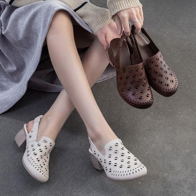 Fashion GKTINOO 2025 Summer New Round Toe Hollow-out Breathable Thick Heel Sandals Retro Versatile Commuting Women's Shoes