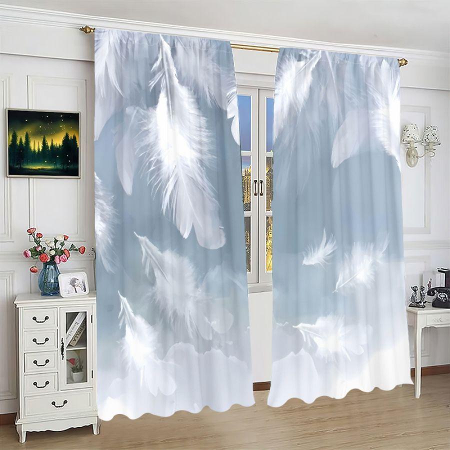 2 Pieces of Elegant White Feather Printed Curtains   Through-pole Curtains   Bedroom and Living Room Curtains