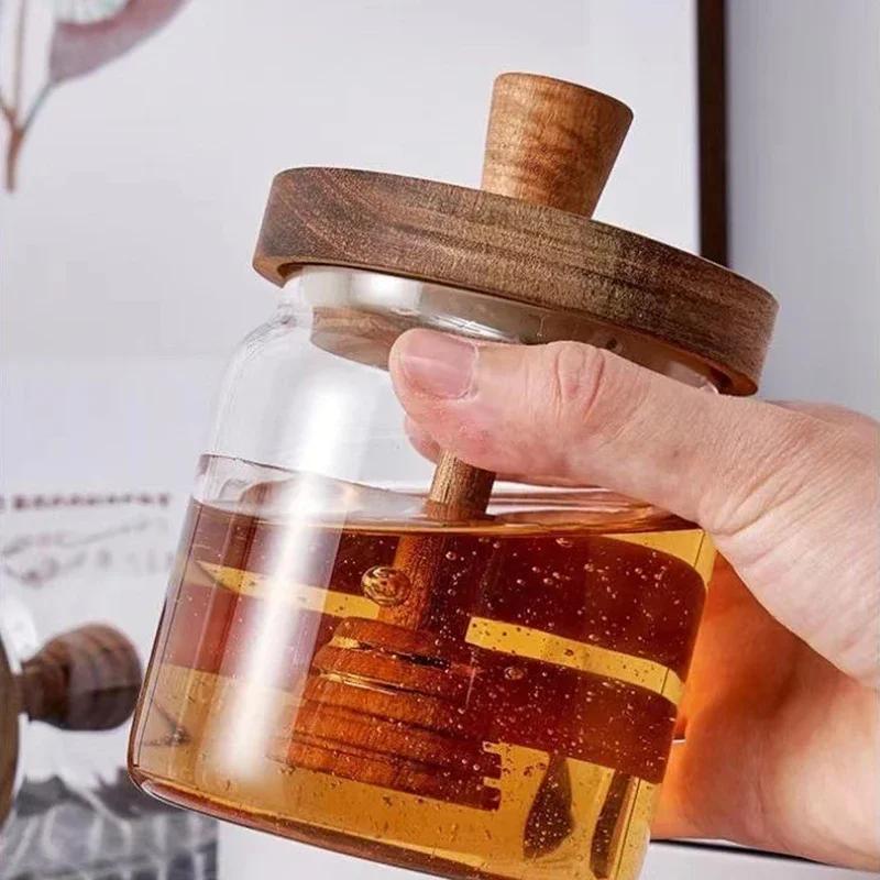Honey Jar High Borosilicate Glass Sealed Tank Mixing Rod with Wooden Cover Transparent Honey Bottle Kitchen Storage Containers