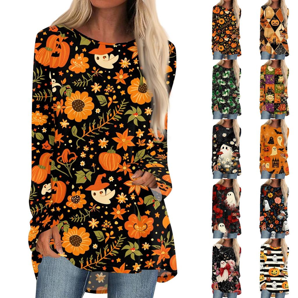 Women's Halloween Printed Long Sleeve Round Neck T-Shirt Mid-Length Casual Top