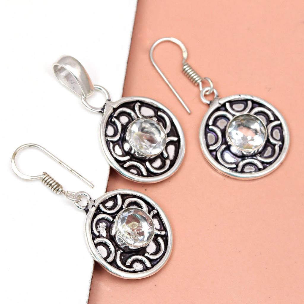 Topaz Set White Pendant Earrings Jewelry Necklace Gemstone  Blue