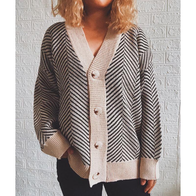 Striped Knitted Cardigan Women's Loose Sweater Single Breasted Buckle Casual Long Sleeved Jacket Warm Comfortable Commuter Tops Autumn and Winter