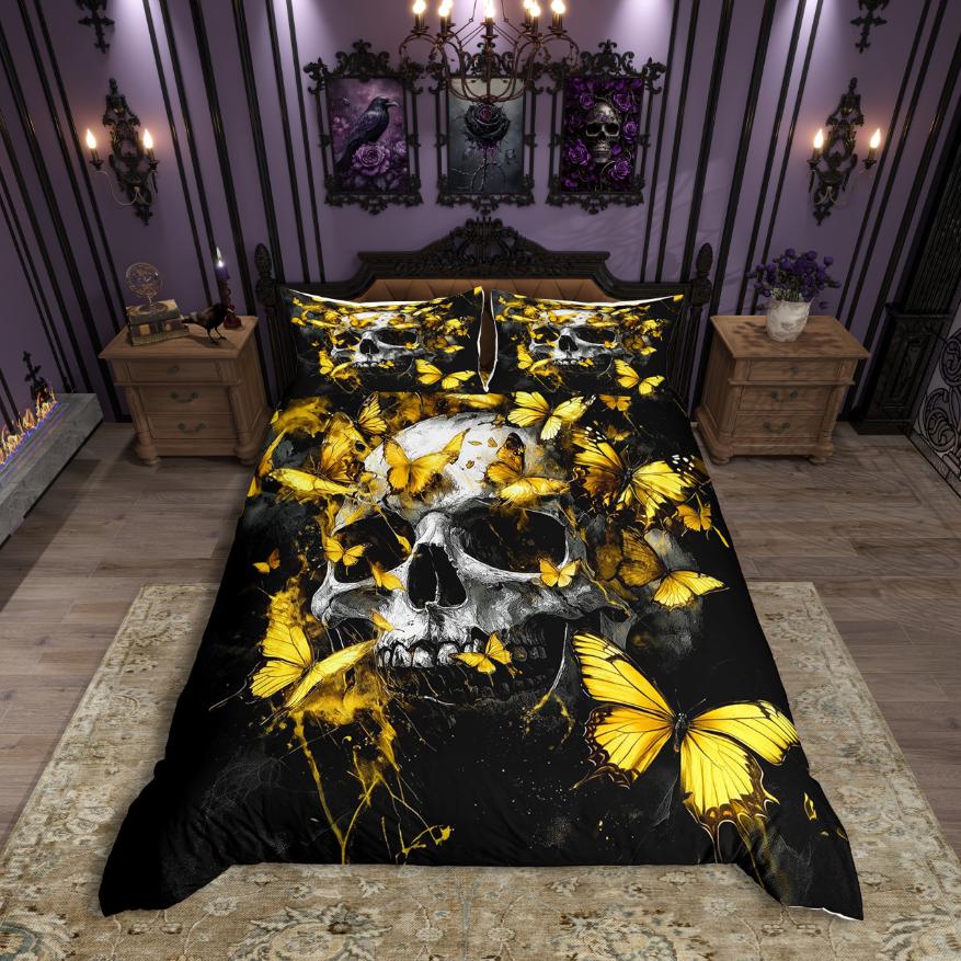 Homewish Spooky Halloween Skull Duvet Cover SetCute Butterflies Bedding SetPurple Black Bed Set For Girls Boys
