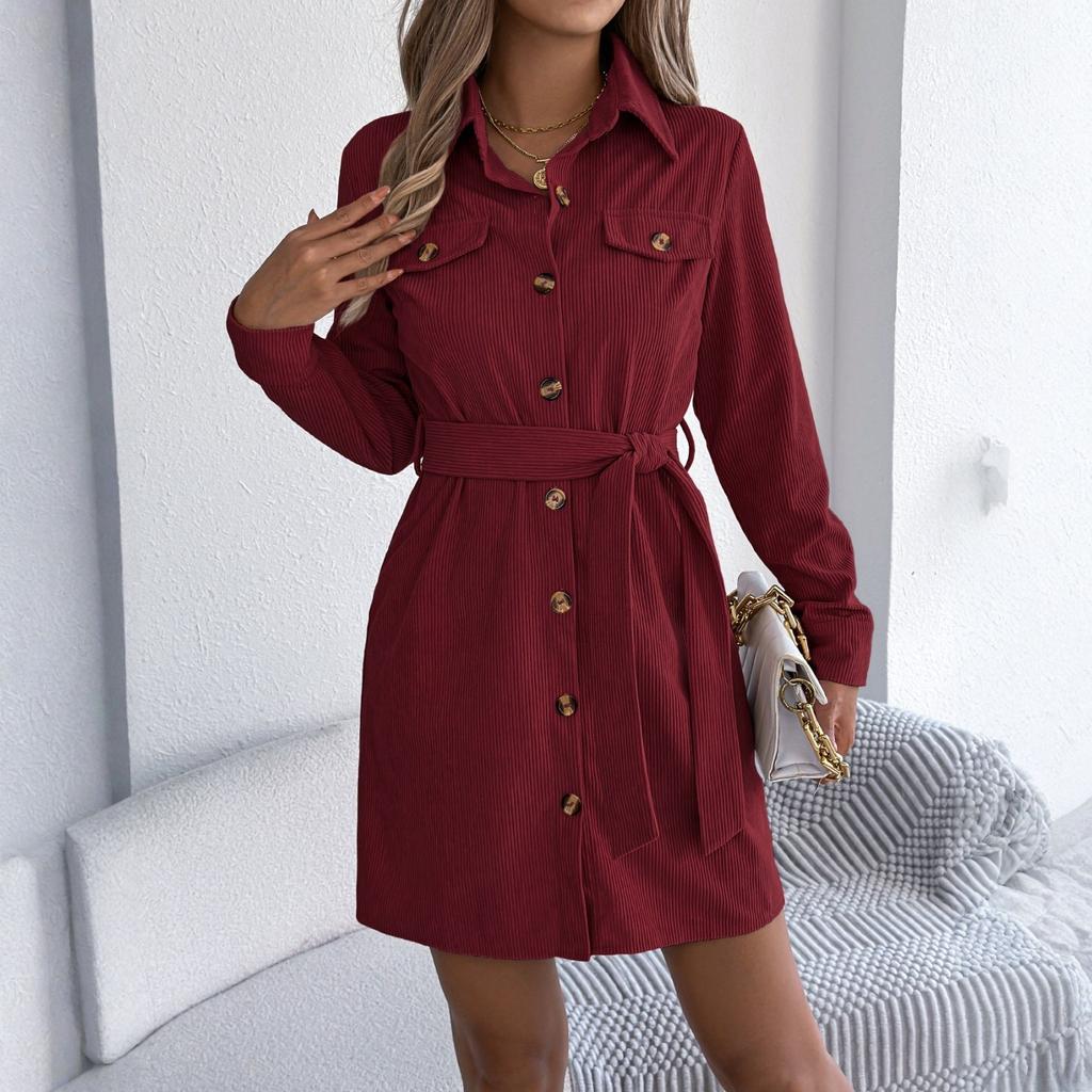 Women's Fashion Casual Solid Color Single Breasted Long Sleeved Lace Shirt Dress