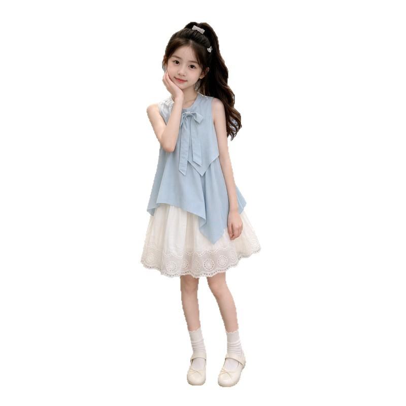 Girls Summer French Sweet Bow Tank Dress Middle Big Kids Princess Fairy Sundress