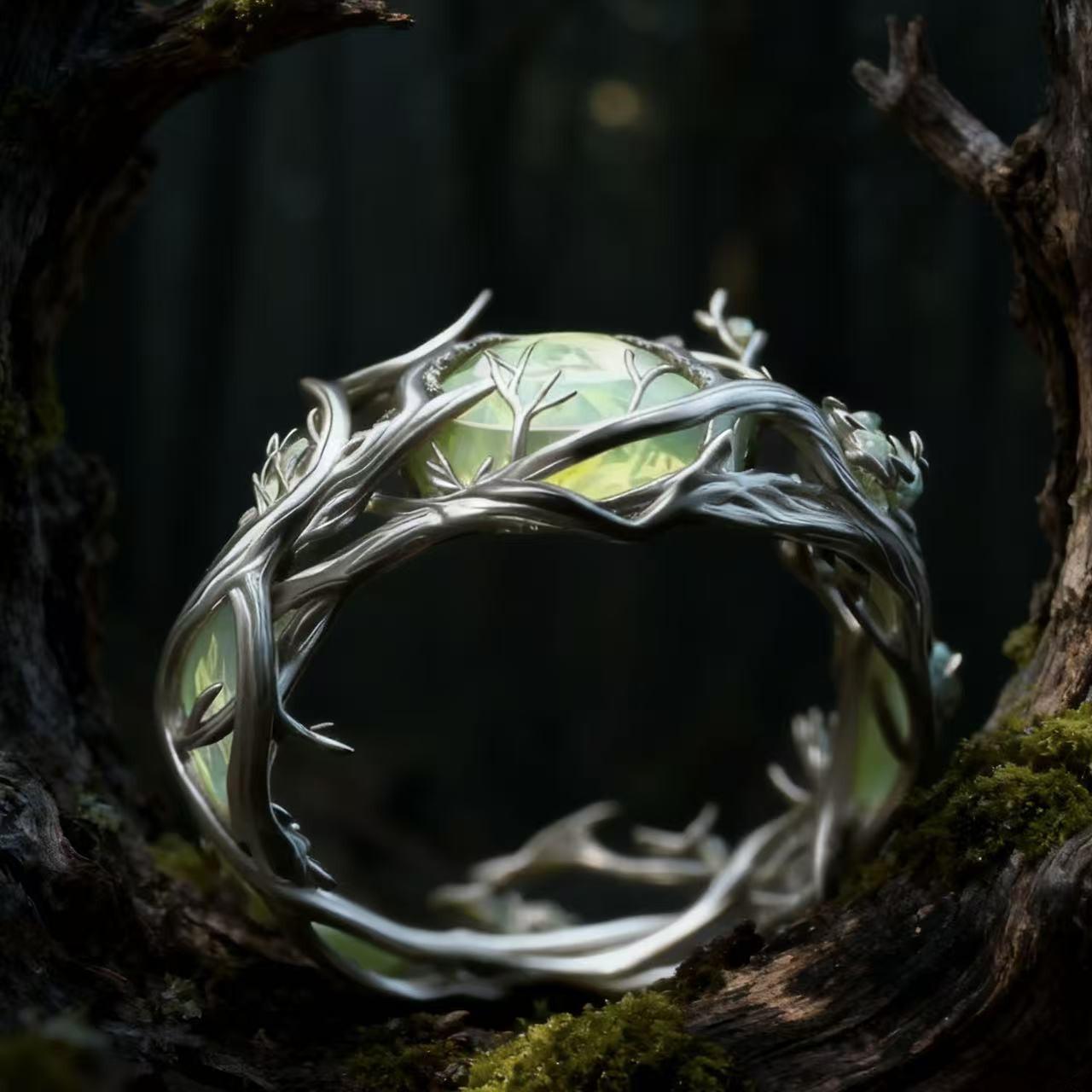 

Винтажное кольцо ручной работы с овальным нефритом и малахитовыми ветвями и лозой, мужское No. 6 серебряный