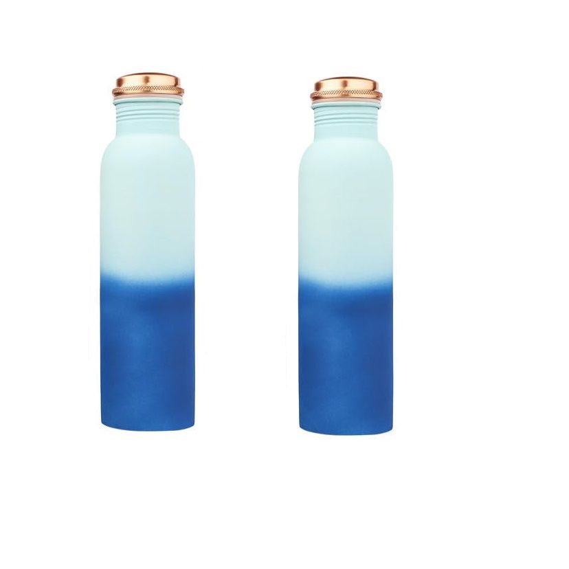 Pure Copper Water Bottle 950 ML - Jointless, Leakproof, Double Printed Design Best Gifts for Family and Friends| Light & Dark Blue - Set of 2