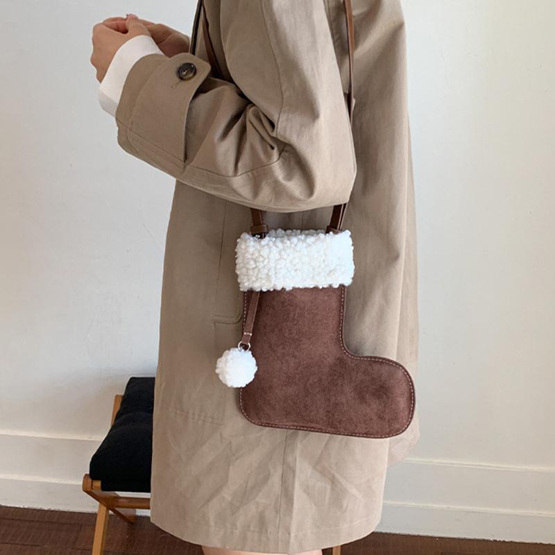 Portable Simple Style Suede Crossbody Bag Fluffy Lightweight Lamb Shoulder Bag Travel Christmas Sock Bag Women