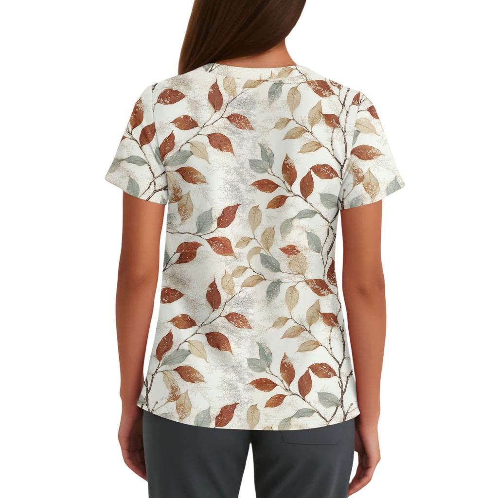 Niedlich bedruckte Arbeitskleidung für Damen, V-Ausschnitt, doppellagige Taschen, Basic-Kurzarm-Oberteil, Pullover