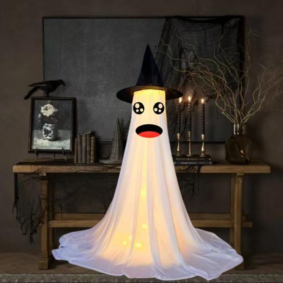 Halloween Ghost Decoration with LED Light Large White Scary Light Up Ghost with Witch Hat for Outdoor Front Porch Yard Garden Lawn Home Decor