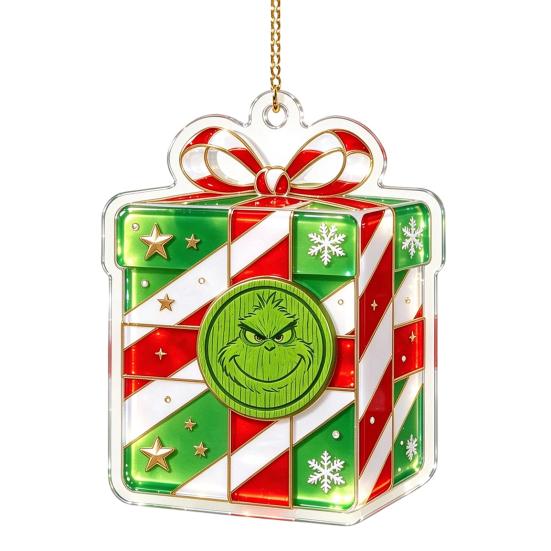 Stained Glass Style Decor Green Elf Christmas Ornament, 2D Acrylic Red Bell Tree Candy Cane Gift Box Xmas Hanging Charms Shaped Double Sided