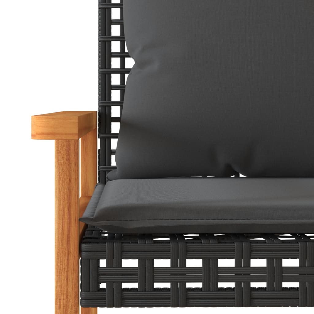 Vidaxl Garden Bench with Cushion, Black, Poly Rattan and Acacia