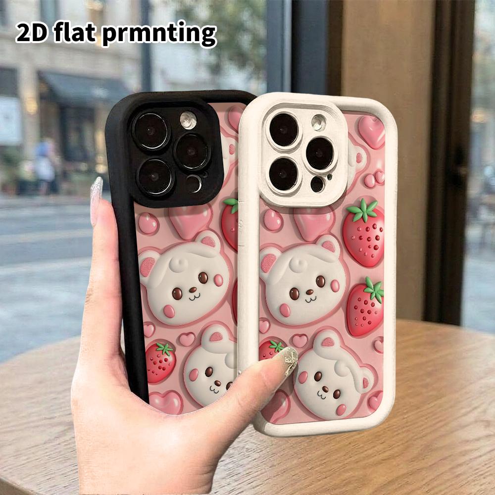 Phone Case: 2D Flat, Suitable for iPhone 18 17 16 15 14 13 12Pro Protective Case, Embossed Little Bear Strawberry, Perfect Christmas and Halloween Hol