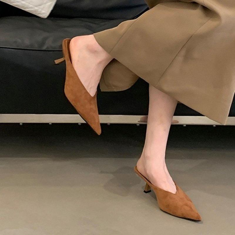 Fashion Women Suede Pointed Toe Mid Heels Slippers Fashion Heeled Shoes Summer Slingback Sandalas 2025 Pumps Designer Sandalias Mujer