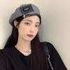 Vintage Plaid Hat With Chain Cool Fashionable Japanese Beanies Metal Patch Beret Elegant Sweet Trendy Street Painter Hat