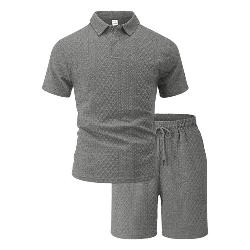 Mens Casual Two Piece Outfit Textured Short Sleeve Polo Shirt And Drawstring Shorts Set