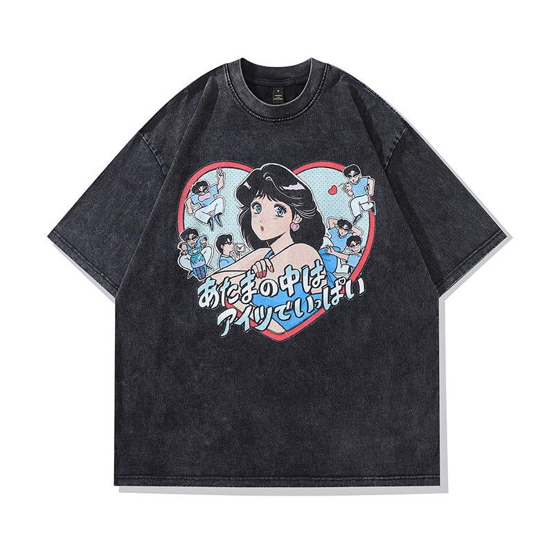 High Street Vintage Old Washed Cartoon Printed Short Sleeve T-Shirt Men'S And Women'S Bf Style Hip Hop Loose Half Sleeve Top
