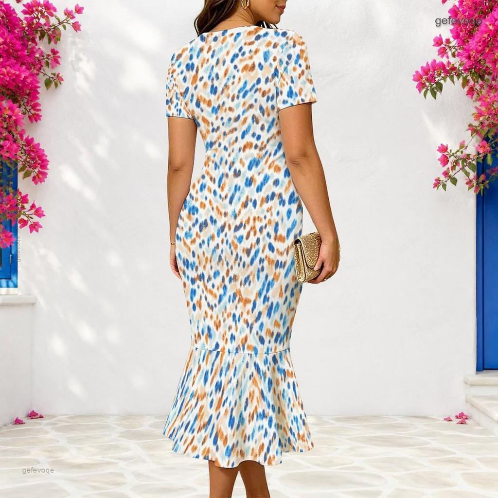Women Plus Size V Neck Short Sleeve Blue Orange Printed Fitted Fishtail Dress