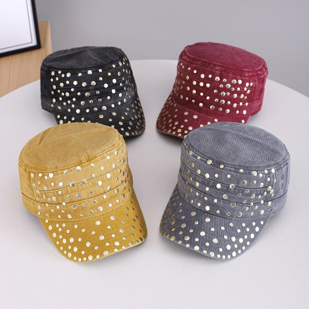 Washed Finish Flat Top Cap Rivet Decor Casual Cap Casual Sun Protection Cap  Outdoor Wear