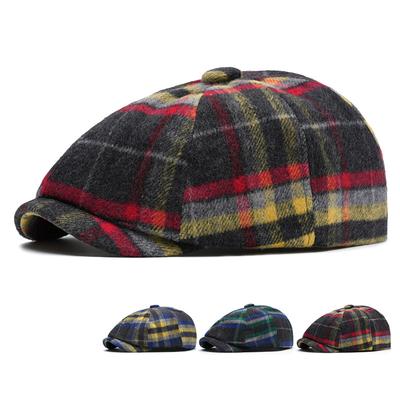 Casquette octogonale à carreaux de couleur pour homme et femme, automne-hiver, en laine, chaude, style gavroche britannique, béret