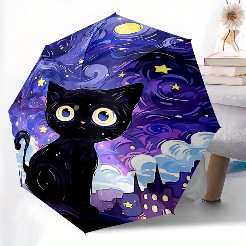 1pc Night Sky Black Cat Automatic Opening and Closing Folding - A Good Choice for Gifts, Fashionable and Convenient Umbrella With Cute Cartoon Ch