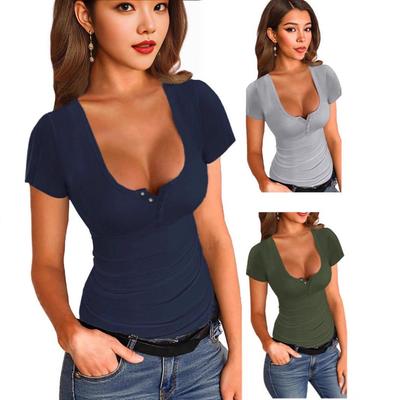 Zomer 2025 Dames Effen Kleur U-Hals Casual T-shirt - Korte Mouwen Pullover Top