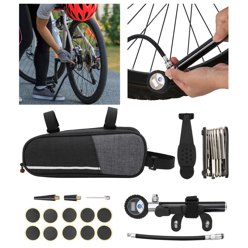Zestaw narzędzi do naprawy opon rowerowych, przenośny, outdoor, cyfrowa pompka, igła do pompowania, łatki naprawcze, zestaw kluczy
