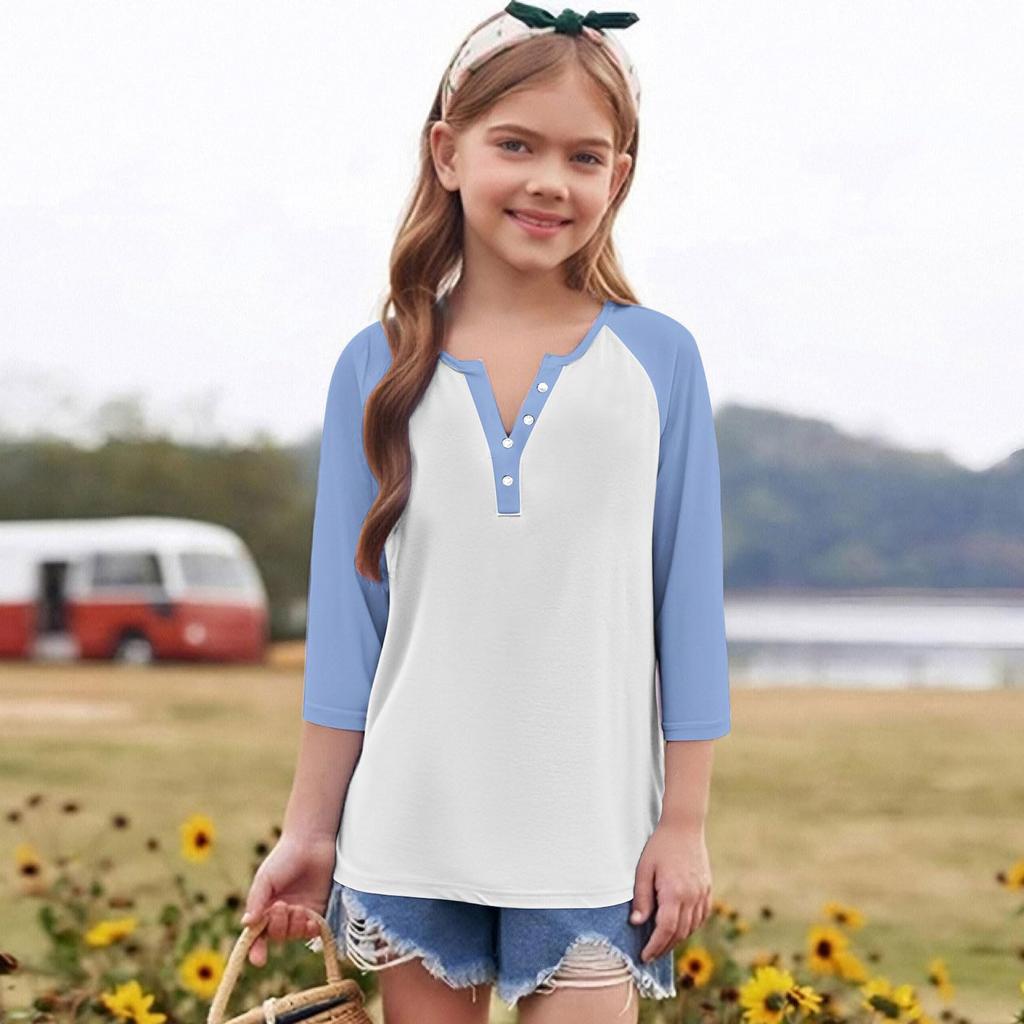 Print Tops For Youth Girls Round Neck 3/4 Sleeves T-Shirts Trendy Tops Outfit Tees