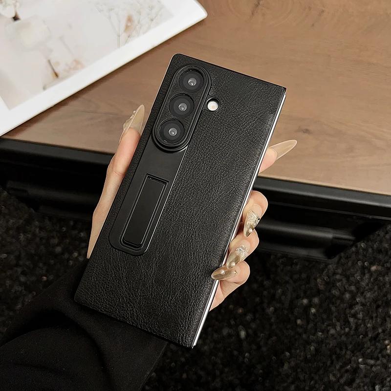 Business Stand Leather Phone Case for Samsung Galaxy Z Fold 7 6 5 4 3 Crazy Horse Pattern Bracket Hard Mobile Shockproof Protect Cover